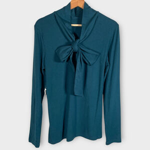 Nordstrom 1901 Top LARGE Bow Tie Neck Teal Abyss Smart Casual NEW